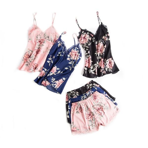 

unlimon sleepwear ice silk pajamas for women satin pajama set comfortable sleepwear sets print lace, Black;red