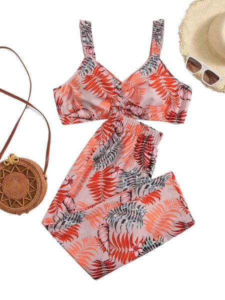 

plus tropical print ruched cami & pants o7m9#, Black