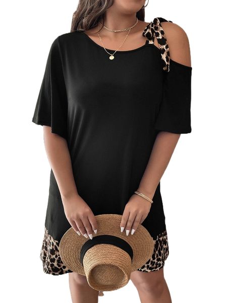 

plus contrast leopard asymmetrical neck ruffle hem dress q0nj#, Black