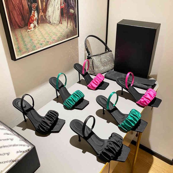 

sandals spring and summer style wrinkled high-heeled women's shoes square head temperament open toe back trip sandals cexi, Black