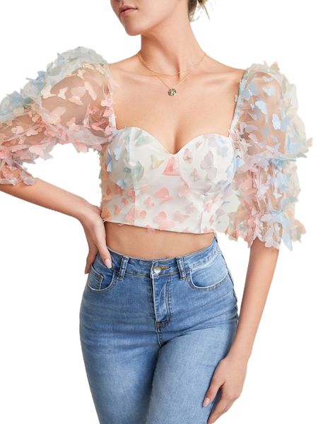 

flounce sleeve butterfly appliques crop d6aa#, White