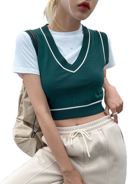 

dazy 1pc striped trim v-neck crop sweater vest s2ad#, White;black