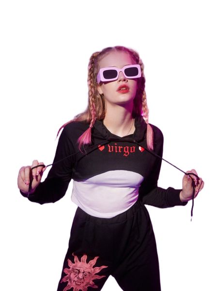

romwe virgo letter super crop drawstring hoodie & solid tank d95b#, Black