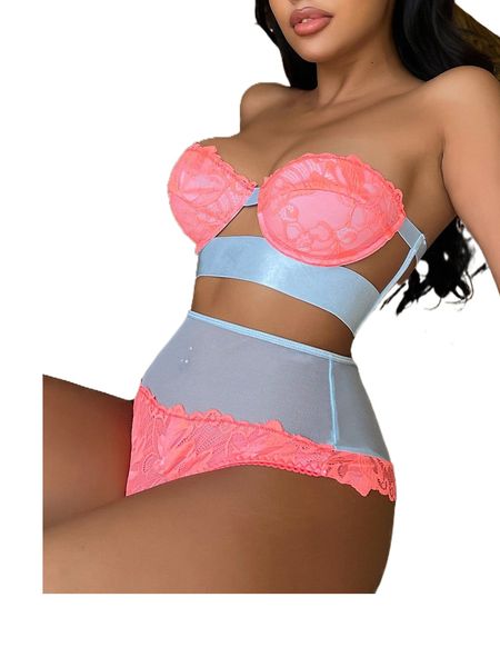 

lace panel cut out bandeau underwire cheeky lingerie set 88no#, Black;red