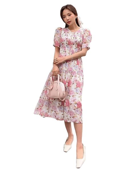 

dazy floral print puff sleeve shirred dress g4sh#, Black;gray