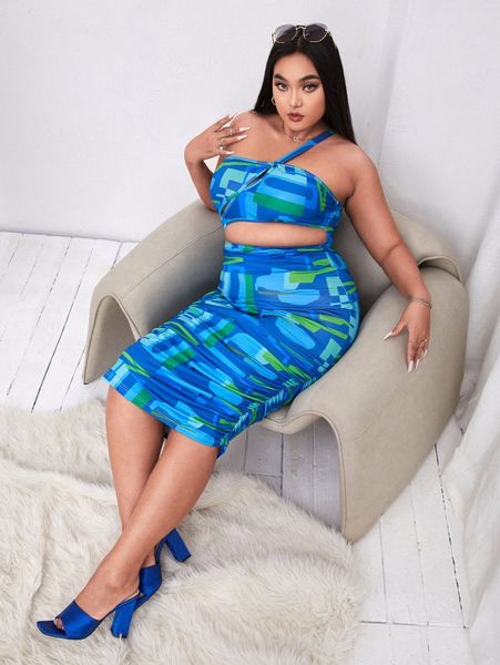 

sxy plus geo print one shoulder cut out bodycon dress f4oc#, Black