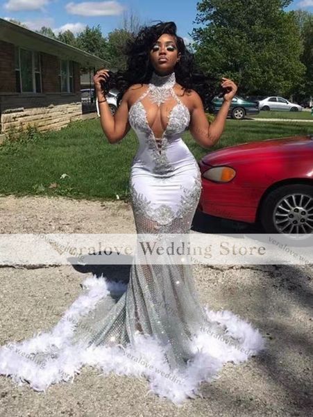 Sexy sereia vestido de baile com pena 2022 branco prata prata meninas africanas celebridade vestido de noite clud festa desgaste