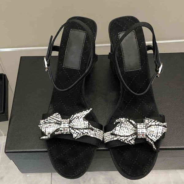 

sandals small fragrance feng shui diamond clip foot thick heel bow sandals women's spring and summer versatile toe flat roman shoes, Black