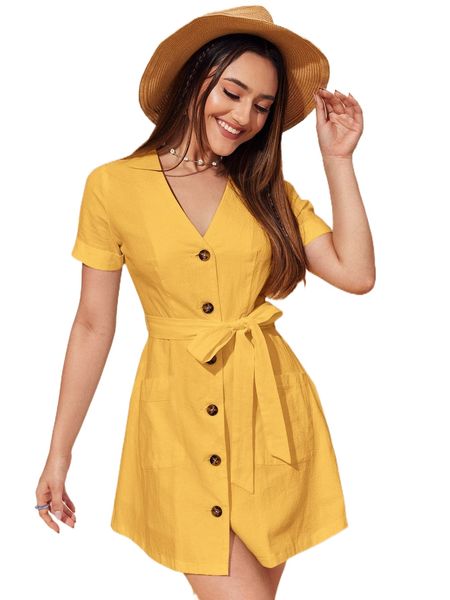 

cuffed sleeve single breasted placket belted dress x7jg#, Black;gray
