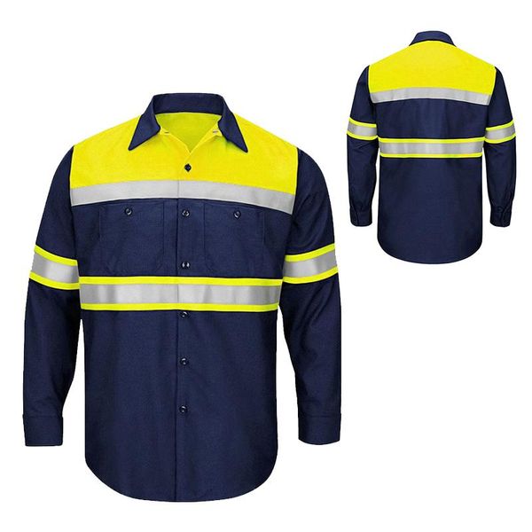 Motorradbekleidung Herren-Hemden mit hoher Sichtbarkeit und reflektierendem Warnband, 100 % Baumwolle, langärmlig, Arbeitskleidung, 2-Ton-BlockfarbeMotorcycl