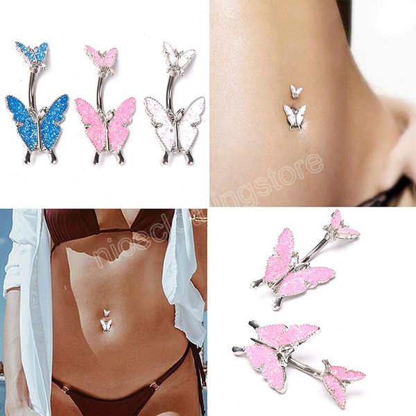 Sexy anello per ombelico in acciaio inossidabile gioielli da spiaggia Bling doppia farfalla anello per pancia piercing Ombligo per regalo donna