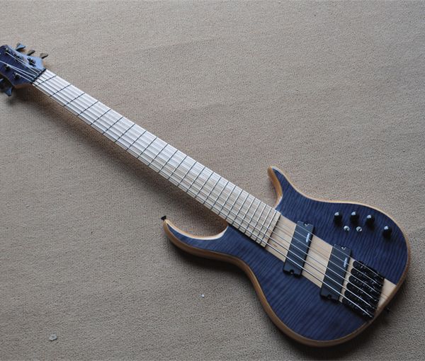 

6 strings neck-thru-body electric bass guitar with flame maple veneer,rosewood fretboard,slanted frets/pickups,can be customized