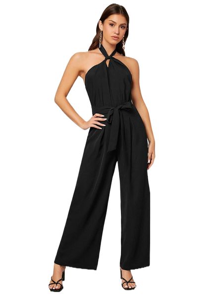 

t.ie b.ackless b.elted h.alter j.umpsuit 850v#, Black;white