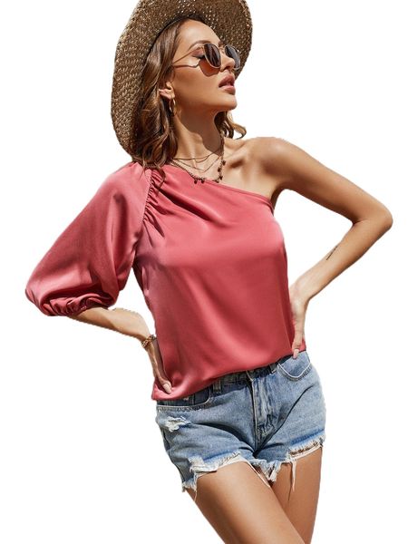 

one shoulder lantern sleeve satin blouse a9nf#, White