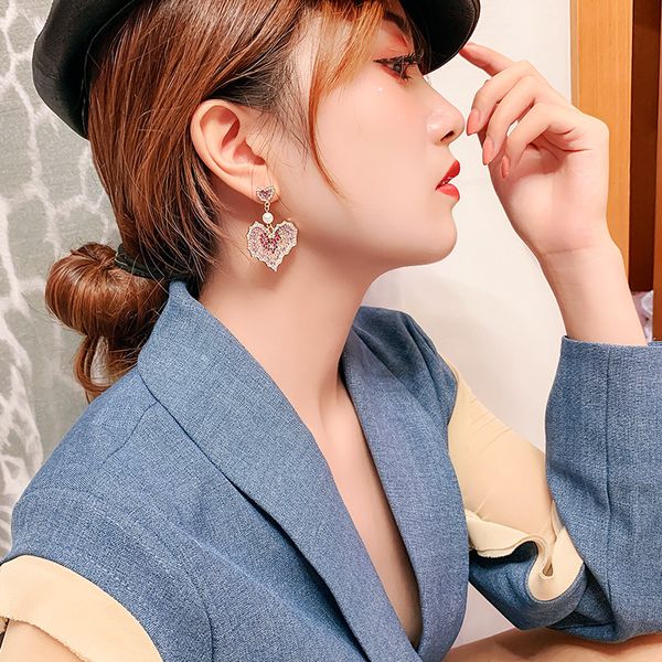 

925 silver needle fully jeweled loving heart korean trendy earrings internet cold style simple eardrop women, Golden