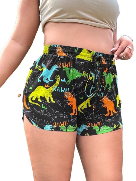 

plus letter & dinosaur print drawstring waist shorts u390#, Black