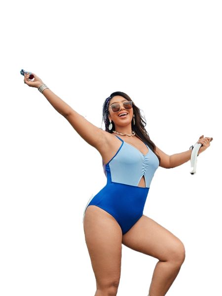 

plus two tone ruched cut out one piece swimsuit 33ep#, White;black