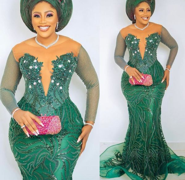 

2022 plus size arabic aso ebi green luxurious mermaid prom dresses beaded crystals evening formal party second reception birthday engagement, Black