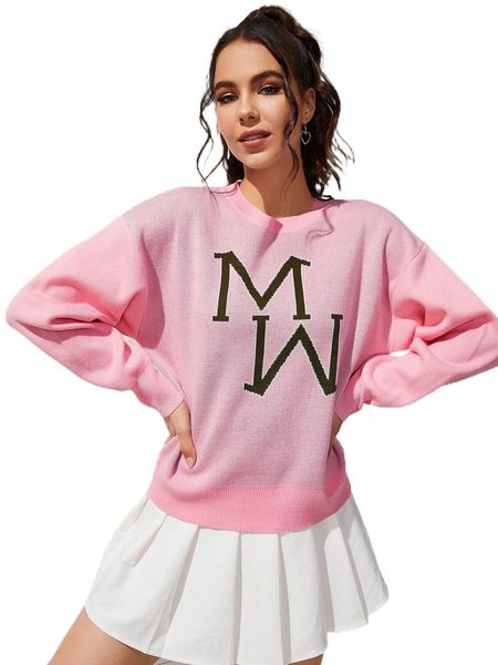 

letter pattern drop shoulder sweater k7rz#, White;black