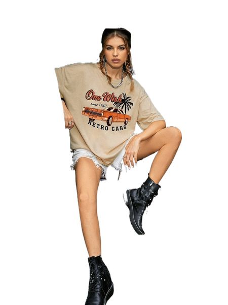 

car and letter graphic drop shoulder tee l9wn#, White