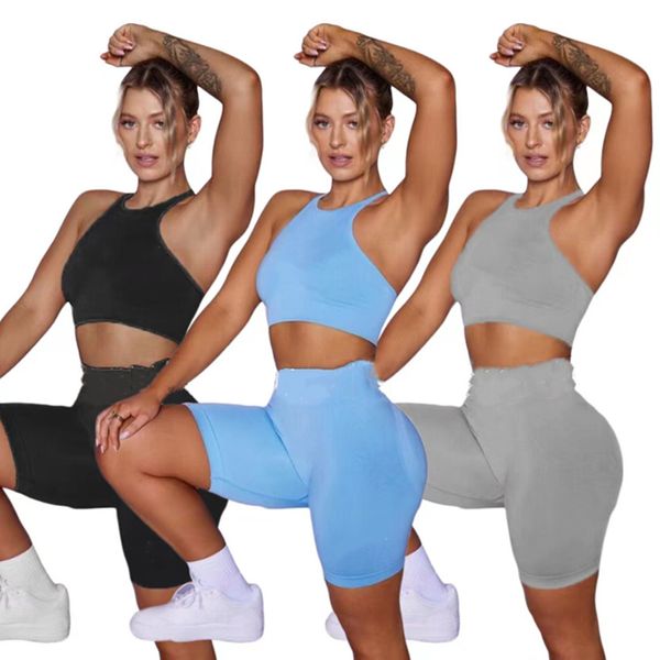 Neue Großhandel Frauen Sommer Trainingsanzüge Solide Outfits Ärmelloses Tank top Kurze HosenZwei Stück Set Casual Sport Anzüge Fitness kleidung Bulk 7500K