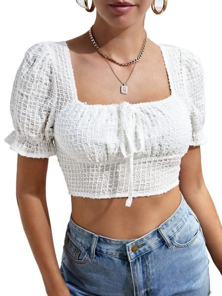 

square neck puff sleeve knot front shirred back textured crop blouse g4mm#, White