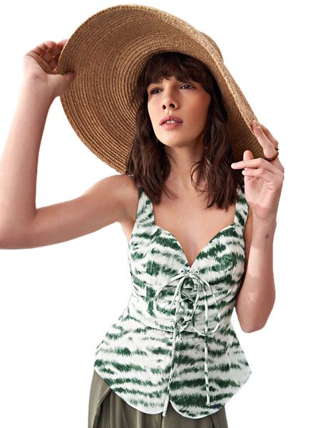 

grommet eyelet lace up front tie dye cami 56wb#, White