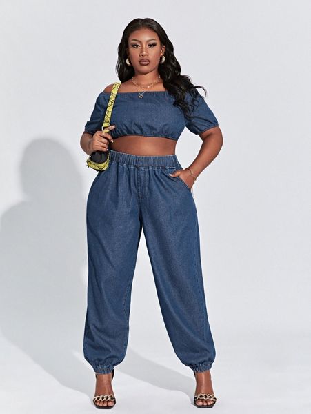 

sxy plus off shoulder crop denim & high waist jogger jeans c5wp#, White