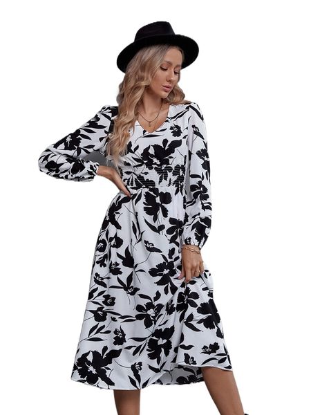 

floral print shirred waist bishop sleeve dress f35p#, Black;gray