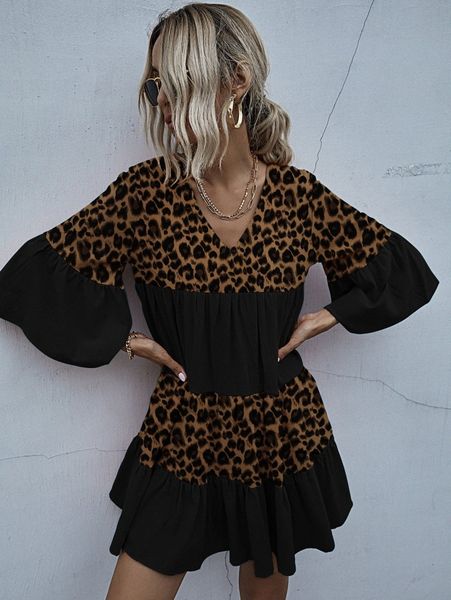 

leopard flounce sleeve ruffle hem smock dress g14h#, Black;gray