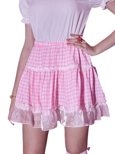 

romwe anime gingham contrast mesh applique skirt s9eo#, Black