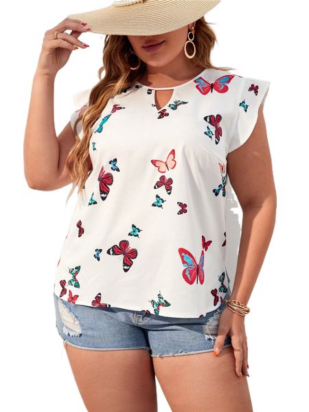

plus butterfly print keyhole neckline ruffle trim blouse o5dm#, Black