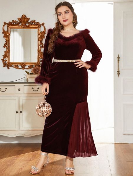 

plus fuzzy trim contrast mesh belted velvet prom dress p7dj#, Black