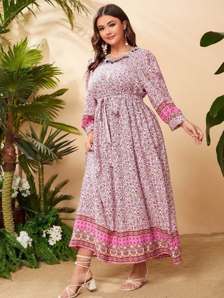 

plus floral print sequin panel belted dress s5ha#, Black