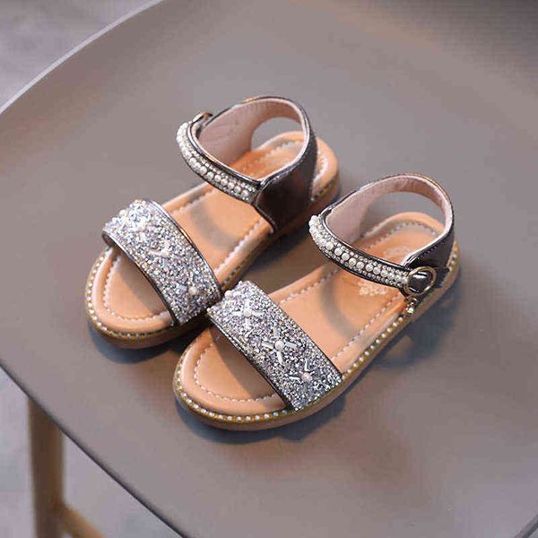 1-12 Summer Little Girls Sandals 2022 Новая модная жемчужная страза Симпатичные детские сандалии малыш детская детская школьница обувь G220523