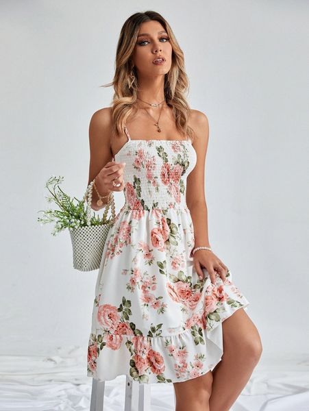 

floral print shirred ruffle hem cami dress y670#, Black;gray