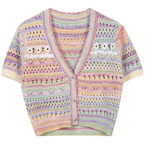 

women's sweaters summer women's cardigan v-neck short sleeve hollow contrast stripe jacquard loose thin knitted coat k38f, White;black