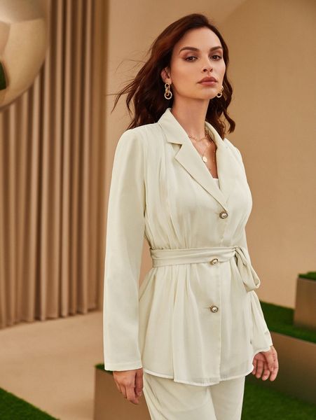 

notched collar self belted blazer 07gf#, White