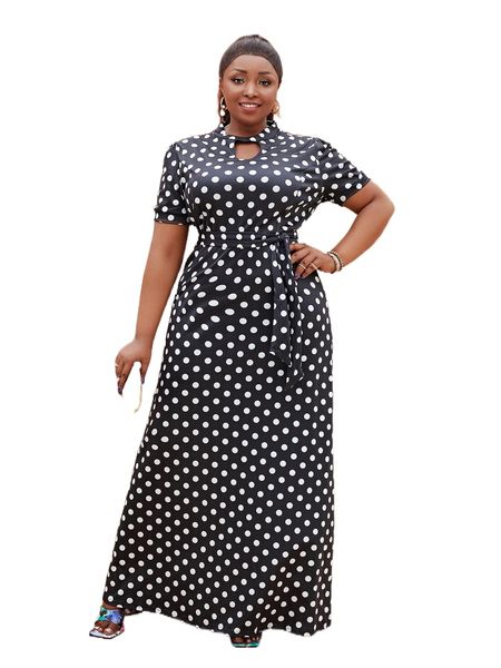 

plus polka dot belted a-line dress r7t6#, Black