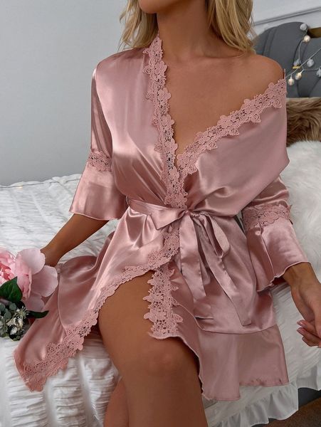 

lace trim self belted satin robe c61k#, Black;red