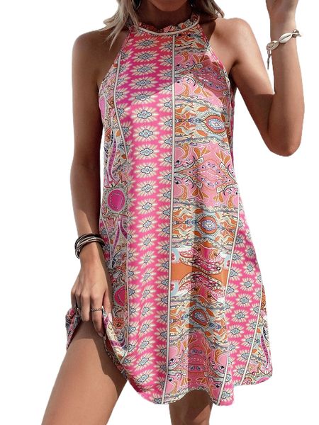 

paisley print tie back halter dress d7ei#, Black;gray
