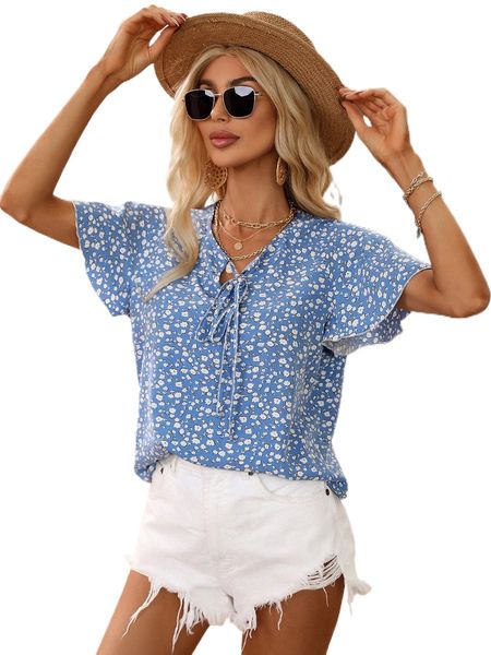 

ditsy floral print tie neck butterfly sleeve blouse m8hi#, White