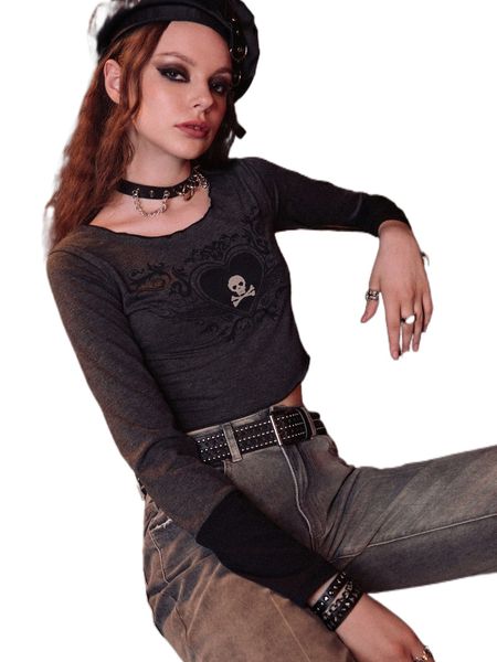 

romwe dark academia colorblock skull & heart graphic crop tee 08me#, White