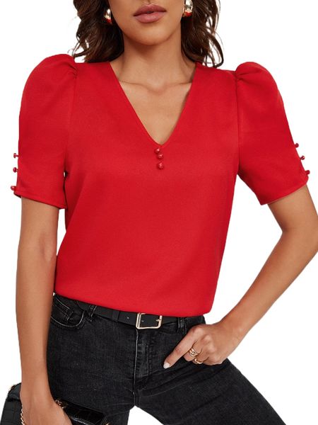 

v neck button puff sleeve blouse k8bs#, White