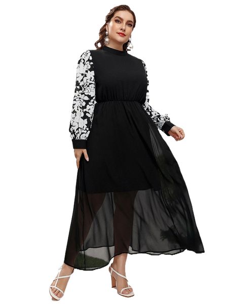 

plus floral print mock neck dress x5hq#, Black