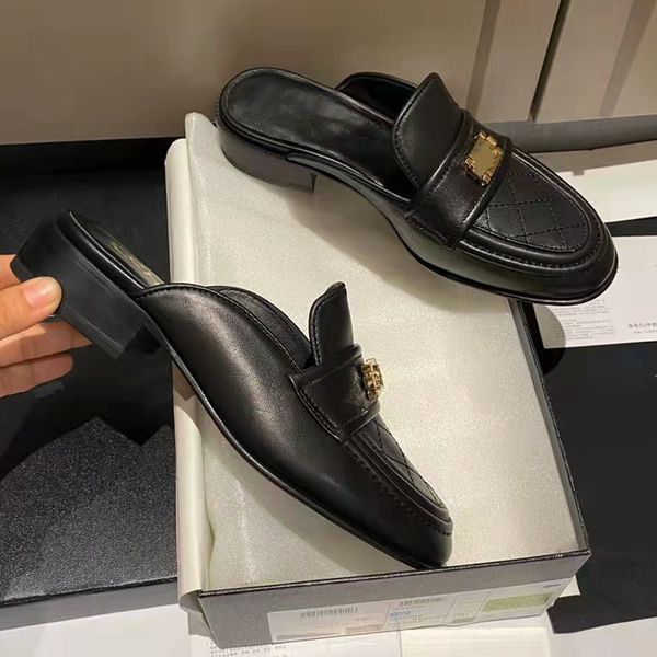 

women shoes designers half drag loafers slippers sheepskin fabric lining comfortable platform simple sandals hardware pendant small leather, Black