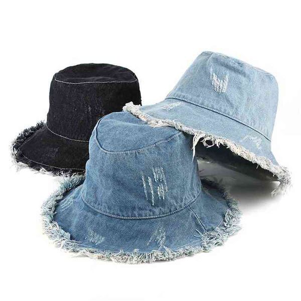 

summer women denim bucket hat vintage washed floppy cap wide brim foldable fisherman s outdoor beach sun for girl 220107, Blue;gray