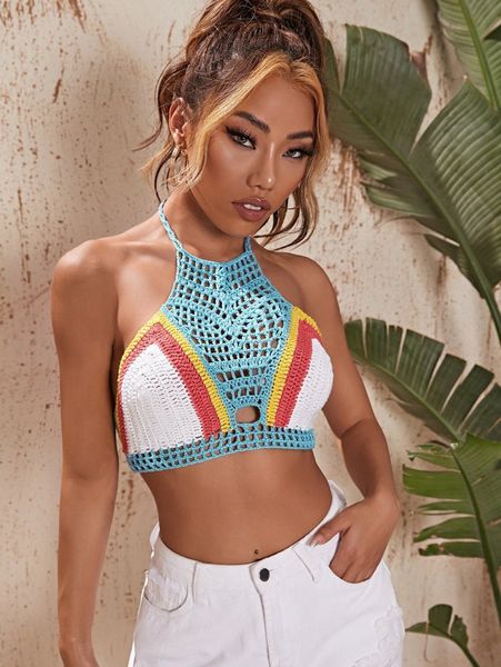 

tie back color-block halter cover up w4k2#, White;black