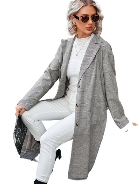 

plaid print drop shoulder coat e4yn#, Black