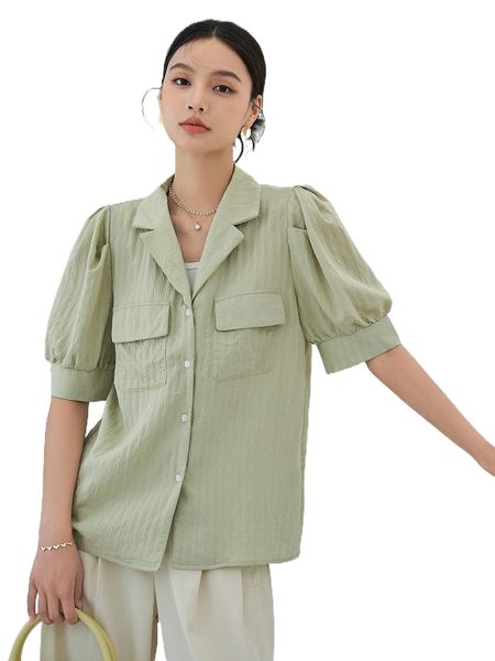 

dazy flap pocket puff sleeve shirt 24bg#, White